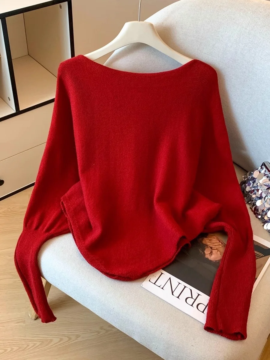 الكورية Sle Batwing Sve سترة المرأة فضفاضة عادية الخريف الشتاء التخسيس سترة الحلو Sle لون نقي طويل Sve سترة #5