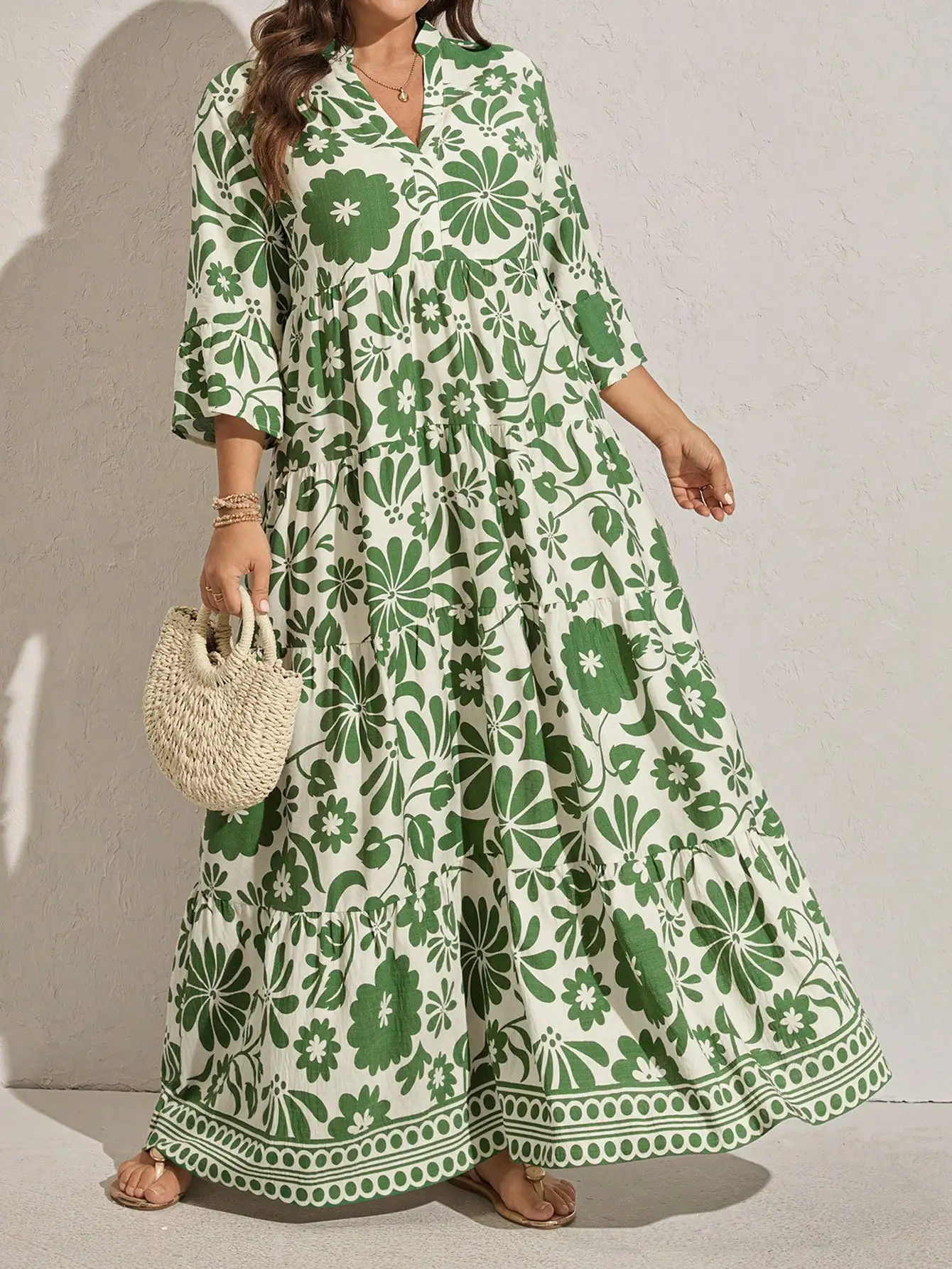 

Plus Size Women Floral Print Flare Sleeve Tiered Maxi Dress Beach Vacation Summer Dress