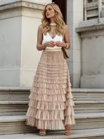 2025 Solid Multilayer Ruffle Mesh Skirt Women Boho High Waist Long Maxi Tulle Skirt Spring Summer Party Women's Clothing