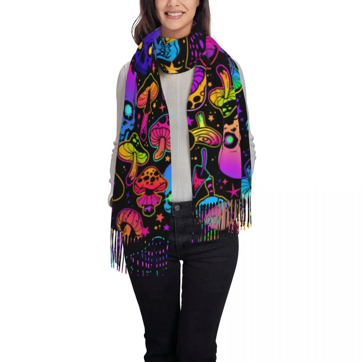 Custom Printed Glowing Psychedelic Mushrooms And Skulls Scarf Men Women Winter Fall Warm Scarves Shawl Wrap