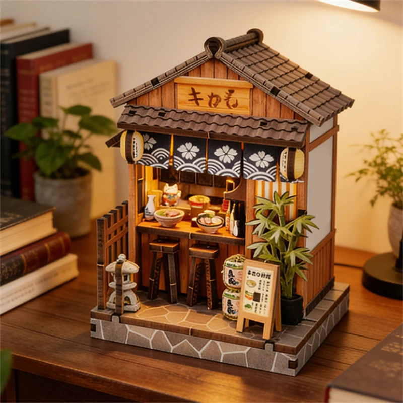 Zestawy do samodzielnego montażu drewnianych miniaturowych modeli Mini Casa Japońska Restauracja Puzzle 3D Domki dla lalek z meblami na prezenty urodzinowe dla przyjaciół