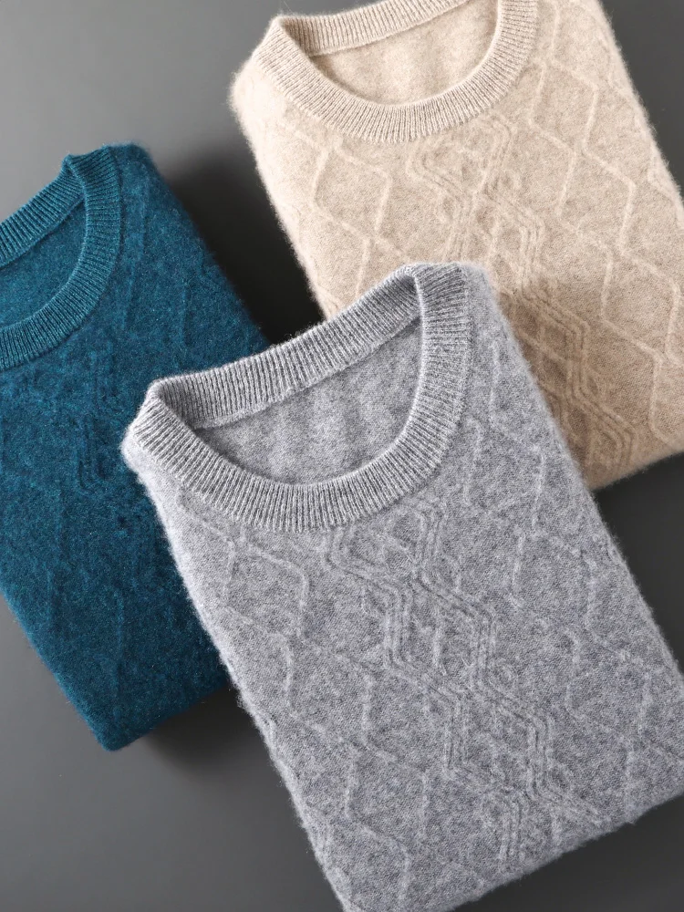 

Мужской свитер из 100% мериносовой шерсти с круглым вырезом, осенне-зимний, повседневный, модный, кашемировый, вязаный