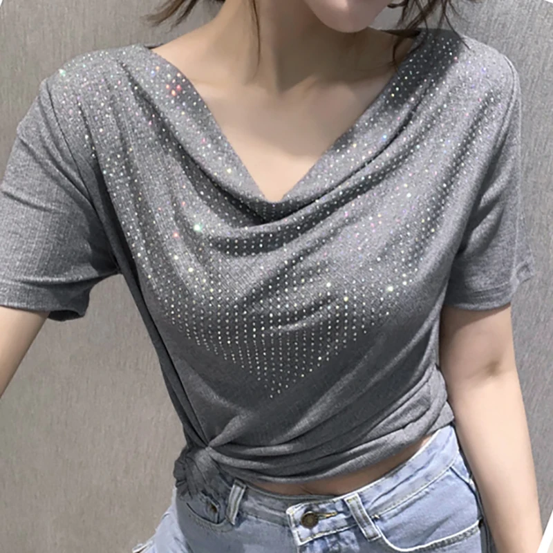 Hot Drilling T Shirt Women Summer Top Mujer Cotton T Shirts Short Sleeve Tees Korean Style Woman Clothes Casual Tee Shirt Femme