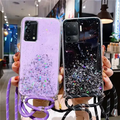 Reno5 Reno6 Luxury Glitter Strap Cord Necklace Lanyard Case For Oppo Reno 5 6 7 8 9 Lite 5G Back Cover On Reno8 Reno7 Pro Plus
