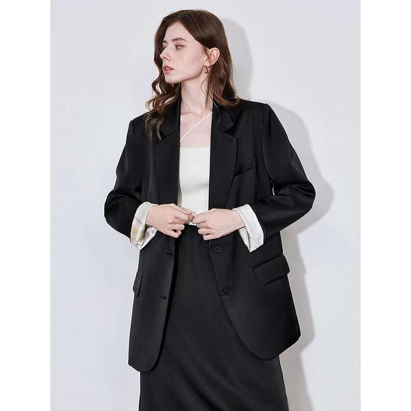 TOYOUTH Women Blazer Jacket 2025 Spring New Split Notched Shawl Satin High End OL Workwear Suit Jackcet Black