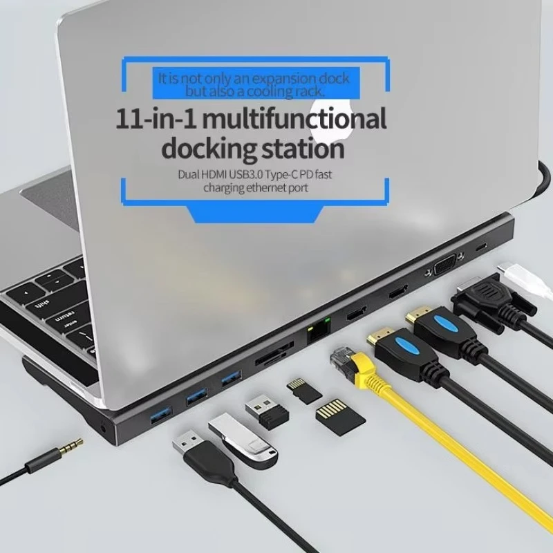 

EE1 11 In 1 USB C Type C Hub Adapter with 2 HDTV 4K VGA USB 3.0 Gigabit Ethernet RJ45 3.5MM Audio SD TF PD Charging 100W Adapter