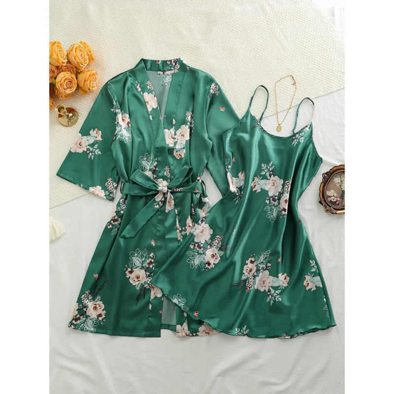 

2pcs Women's Elegant Romantic Robe Set with Floral Print, Home Sleepwear for All Seasons