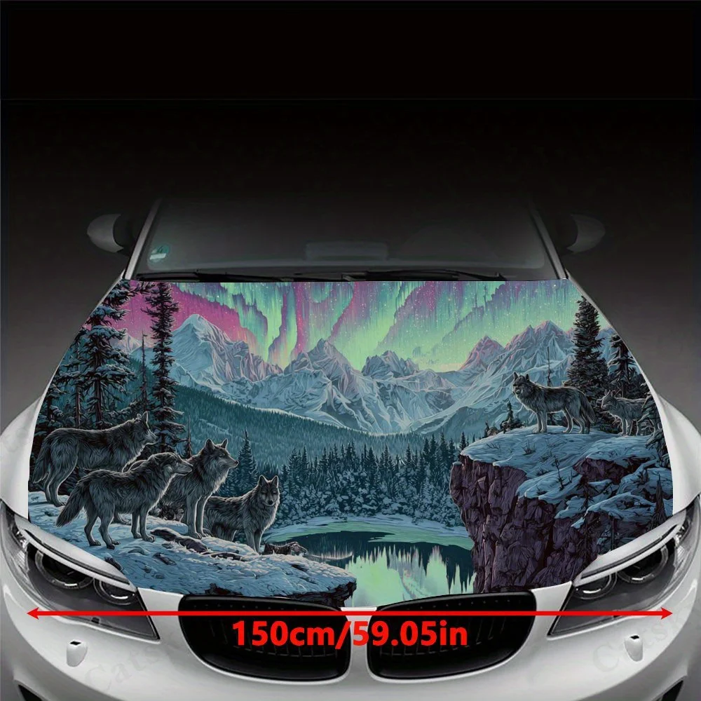 Aurora Cliff Stream Wolf Pack Car Engine Hood Sticker, Auto Art Decal, Car Exterior Personalized Decoration, Gift for Car Lovers