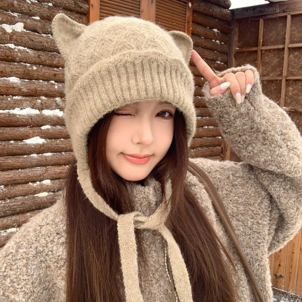 Korean Style Windproof Cat Ear Knit Hat Warm Knitted 3D Cat Ear Soft Beanie Stretchy Fit Skin Friendly Head Cover Outdoor