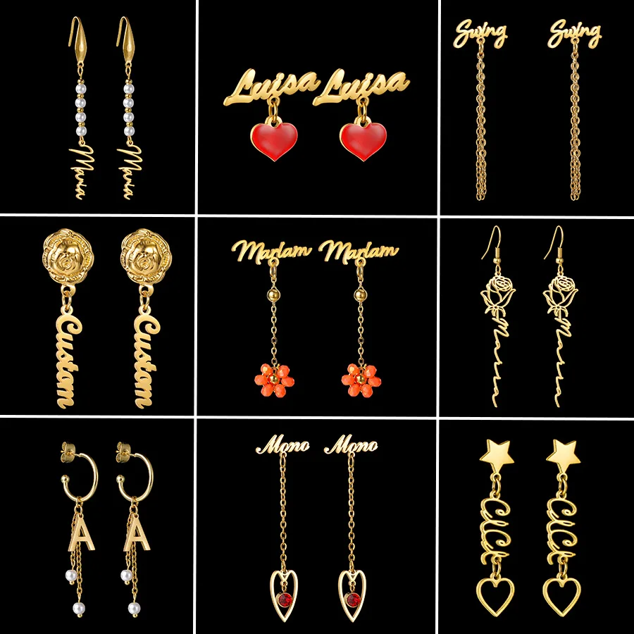 Auxauxme Custom Name Earrings Stainless Steel Personalized Multi-style Colorful Bead Imitation Pearl Flower Dangle Studs Jewelry