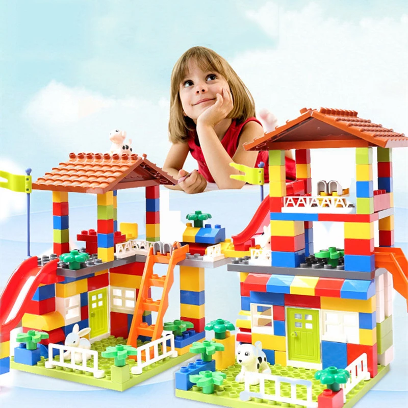 

Toys Big Size Castle Slide Blocks Particle Roof Blocks Compatible Duploed City House Brick Toys for Children Modular Building