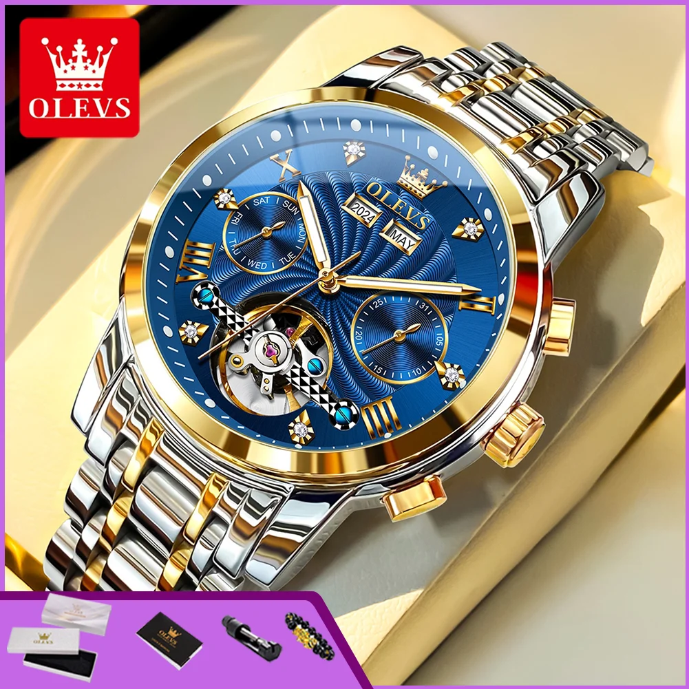 OLEVS 7088 Top Luxury Flywheel Automatic Mechanical Watch for Man Day Date Waterproof Luminous Business Men's Dress Wristwatches