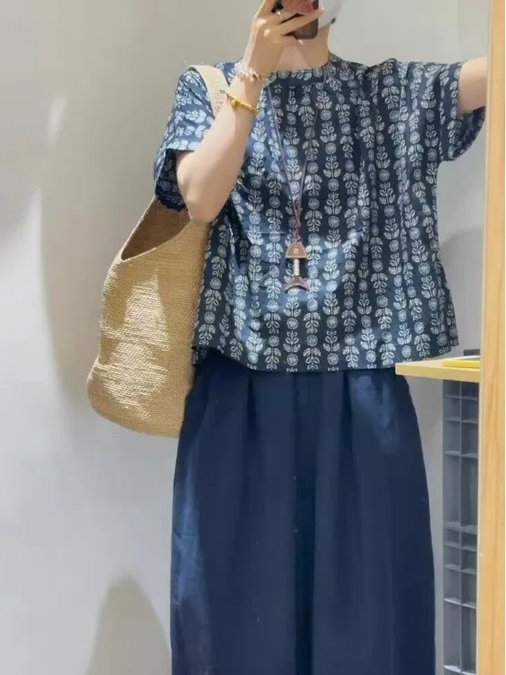 

Summer Casual round Neck Short Sleeve Printed Loose Women's Shirt Versatile Lazy Style plus Size Cotton Blend Comfortable Top