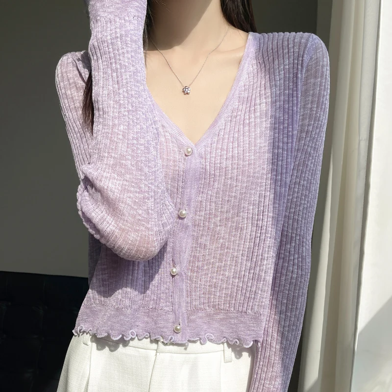 Women New Spring Summer Ice Silk Fabric Sweater V-neck Lace Short Style Cardigan Casual Knitted Soft Slim Sexy Jacket Top