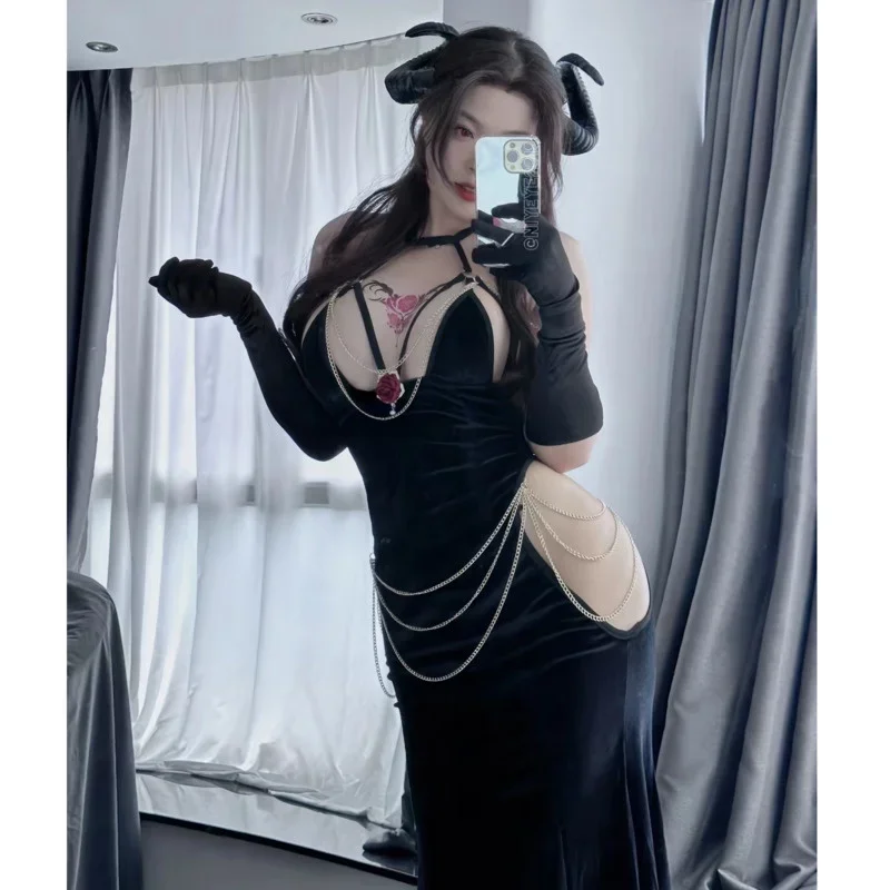 Anime Overlord Albedo Costumi Cosplay Guanto Abito Avvolto Anca con apertura sul cavallo Gonna a coda di pesce Sirena nera Costumi di Halloween per ragazze