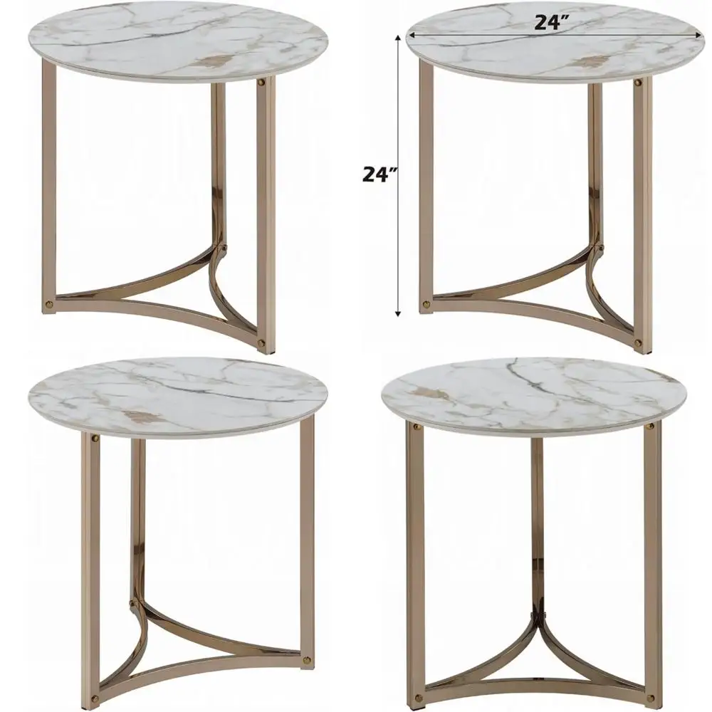 round sintered stone top side end table, 24 inch, white and gold finish