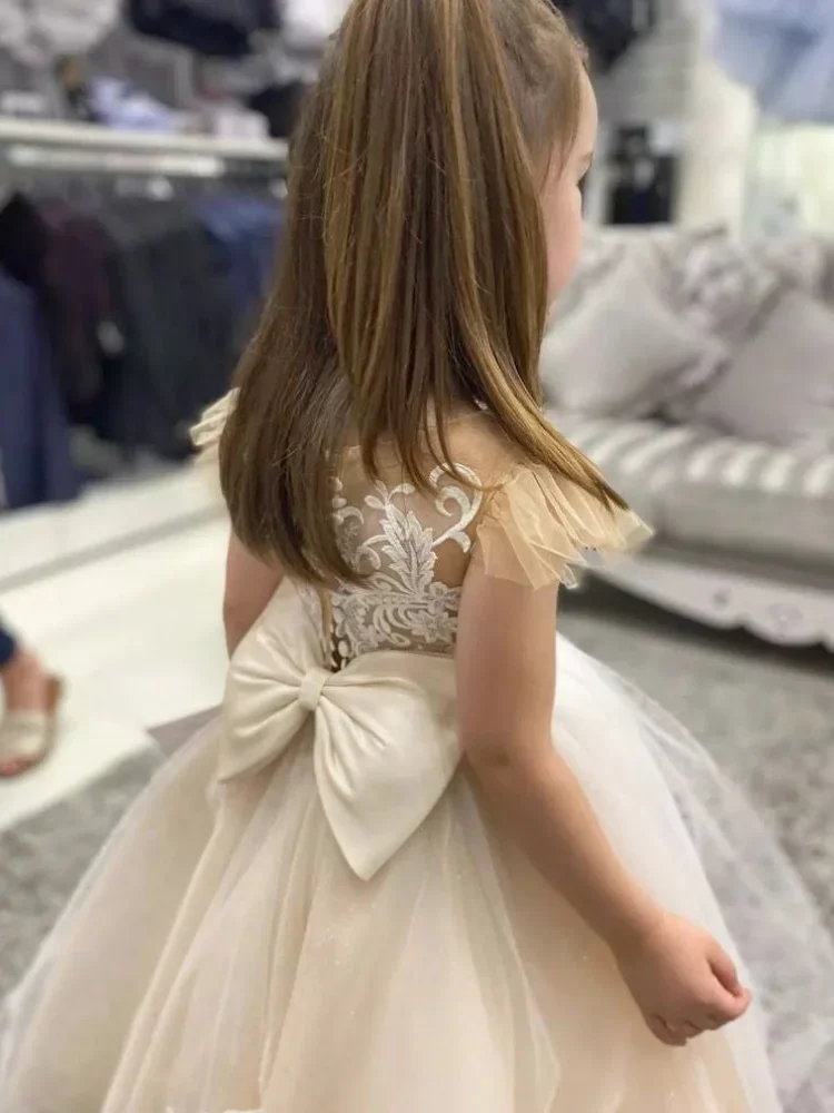Champagne Puffy Pearl Lace Appliques Bow With Trailing For Wedding Birthday Party First Communion Gowns Flower Girl Dresses