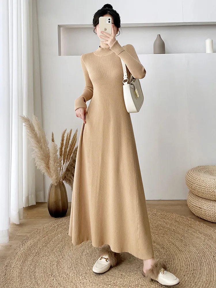 Neu Frauen Elegantes Langes Pullover Kleid Herbst Winter Mode Warm Halbhoher Kragen Überlanges Schlankes Strickkleid Aprikosenfarbenes Kleid