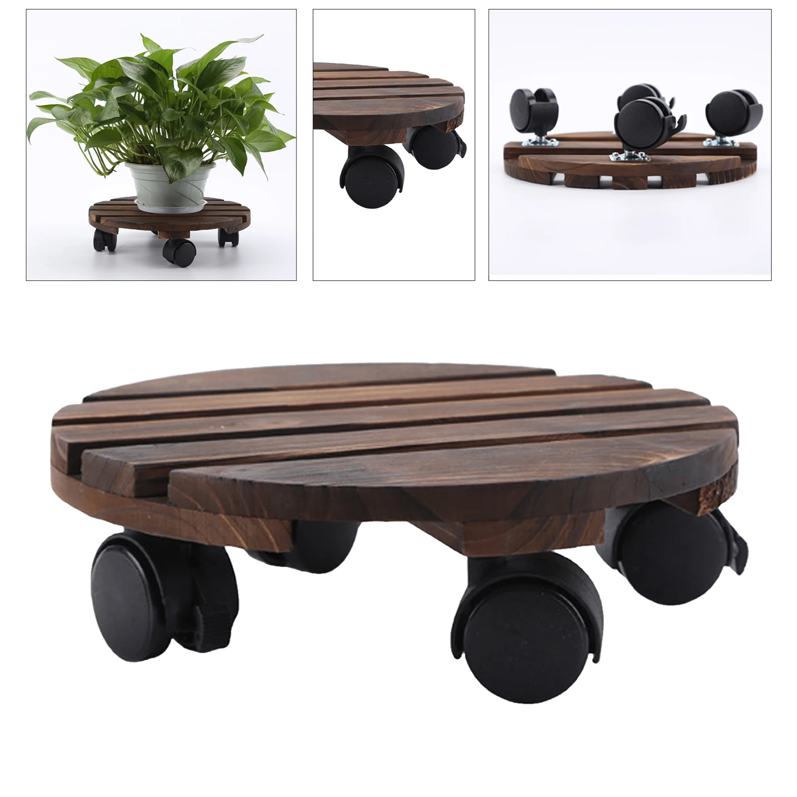 Potted Plant Stand Flower Pot Wooden Trolley 360 Degree Rotatable