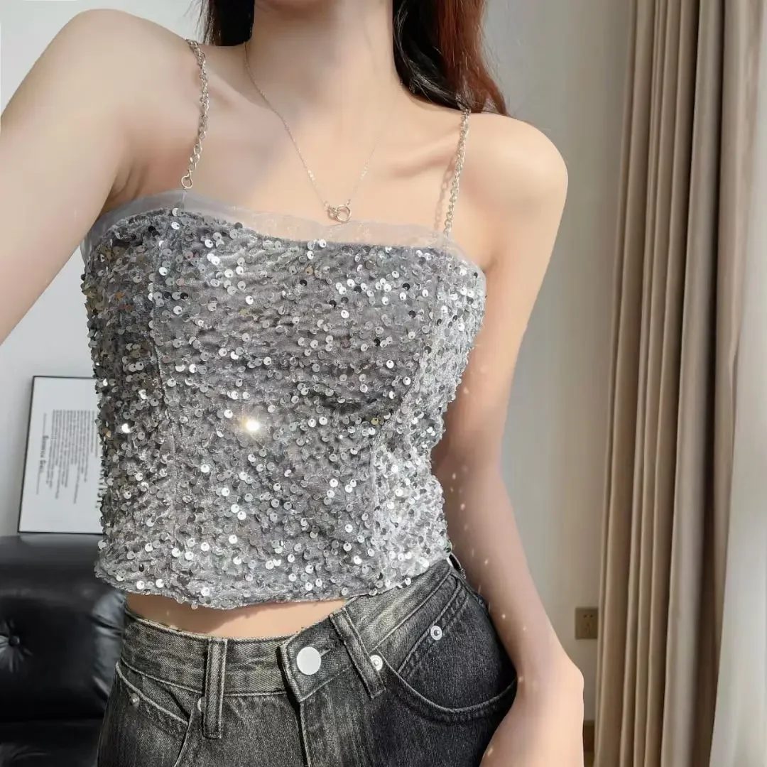 Sexy Y2k Crop Top Shiny Squins Bandeau Camisoles Summer New Fashion Cropped Slim Tank Top Women