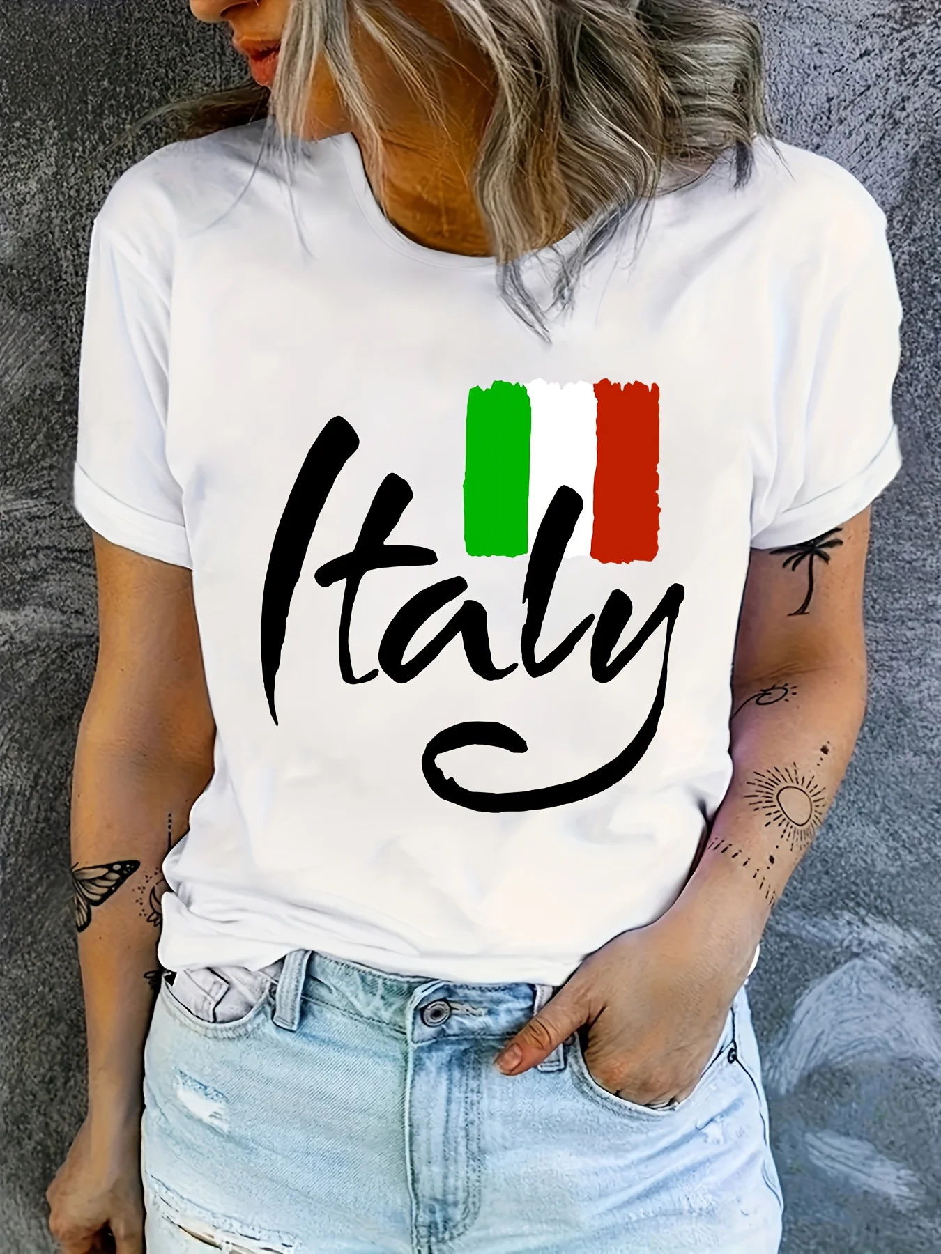 

Italy Letter Print T-shirt, Short Sleeve Crew Neck Casual Top For Summer & Spring, Women's Clothing t-shirts