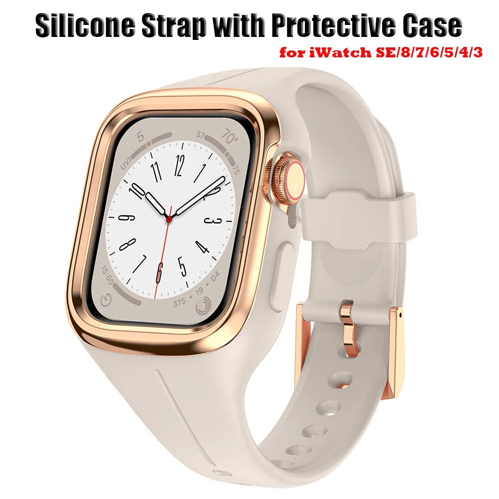 Correa de silicona para reloj + funda para Apple Watch Band 38mm 40mm 41mm pulsera deportiva con funda protectora parachoques iWatch 9 8 se 7 6 5 4