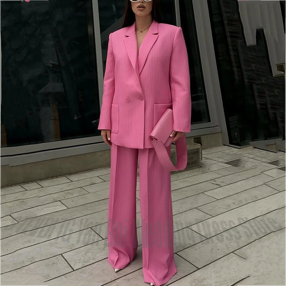 

Chic Pinstriped Women's Suit Set Pink Double Breasted Notched Lapel Classic Elegant Office Lady Casual Outfit Two Pieces