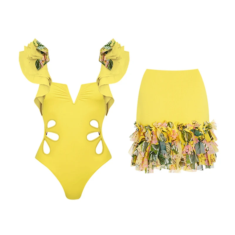 One Piece Swimsuit 2023 New Sexy Shoulder Ruffle Swimwear Women Yellow Print Bathing Suit Beachwear Monokini with Short Skirt