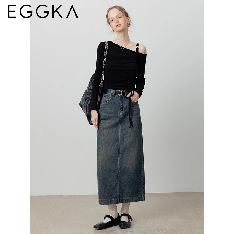 EGGKA Autumn Slanted Shoulder Tops Women Lady Asymmetric Collar Long-sleeve Tops Female Slim T-shirts Korean Fashion Black Tees