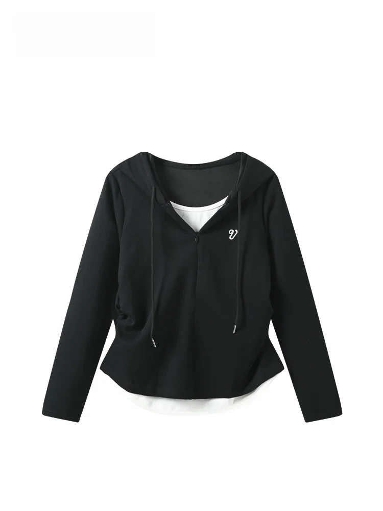 

Модная женская толстовка большого размера с капюшоном и длинным рукавом, новинка ранней весны, с эффектом двухслойности, трендовая, для создания молодежного образа