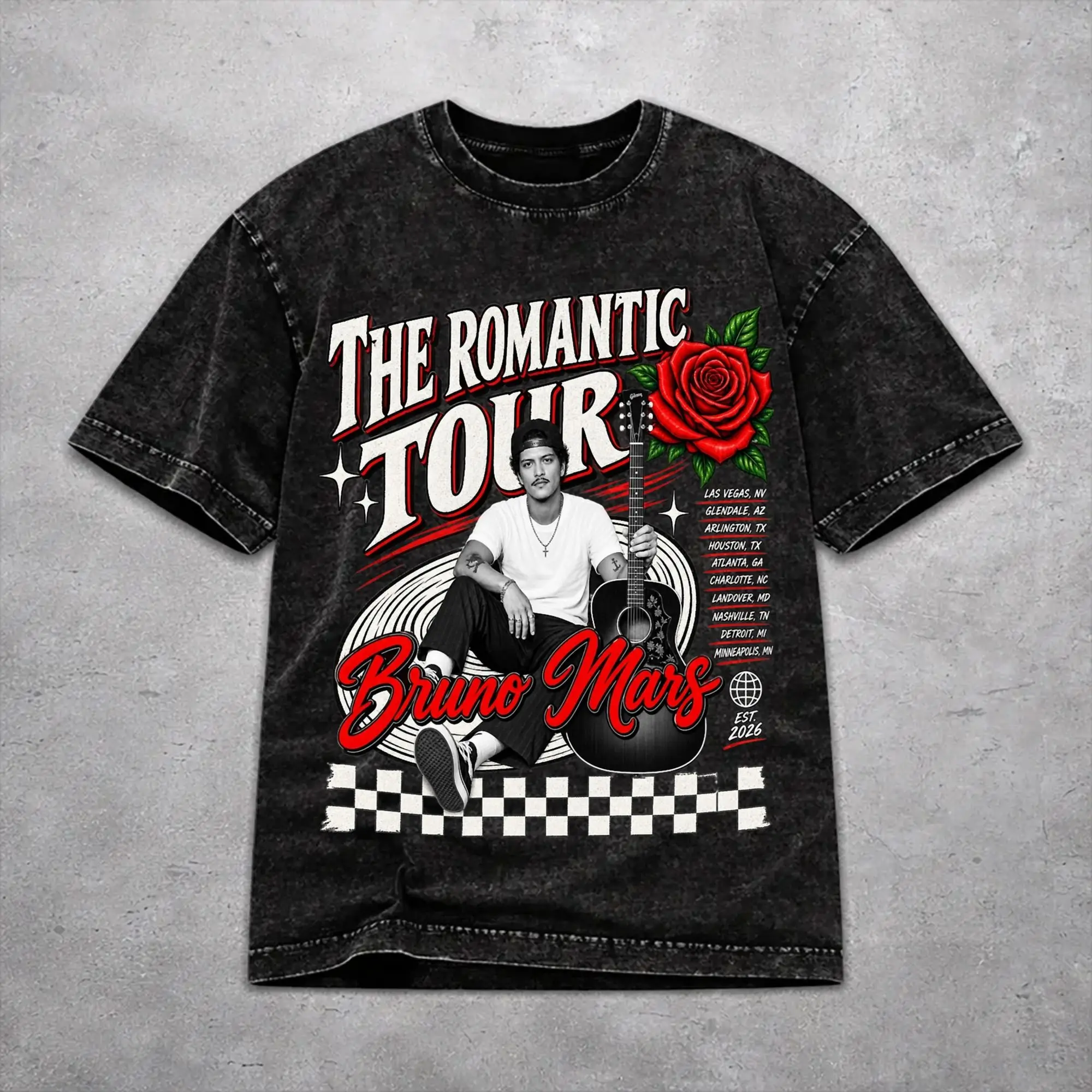 Bruno Mars Romantic Tour 2026 Washed T Shirt Fashion Harajuku Men Women  Loose T-Shirts Tee Cotton