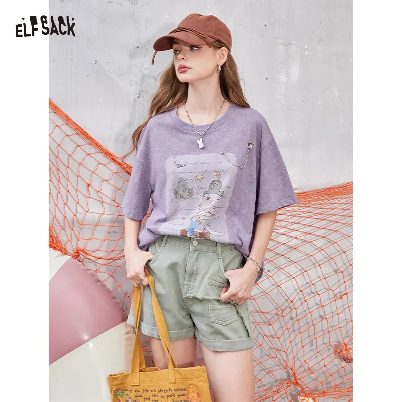 ELFSACK  Vintage Washed Purple T-Shirt with Cartoon Pirate, Chic Graphic Tee with Chain Detail, Casual Aesthetic Top