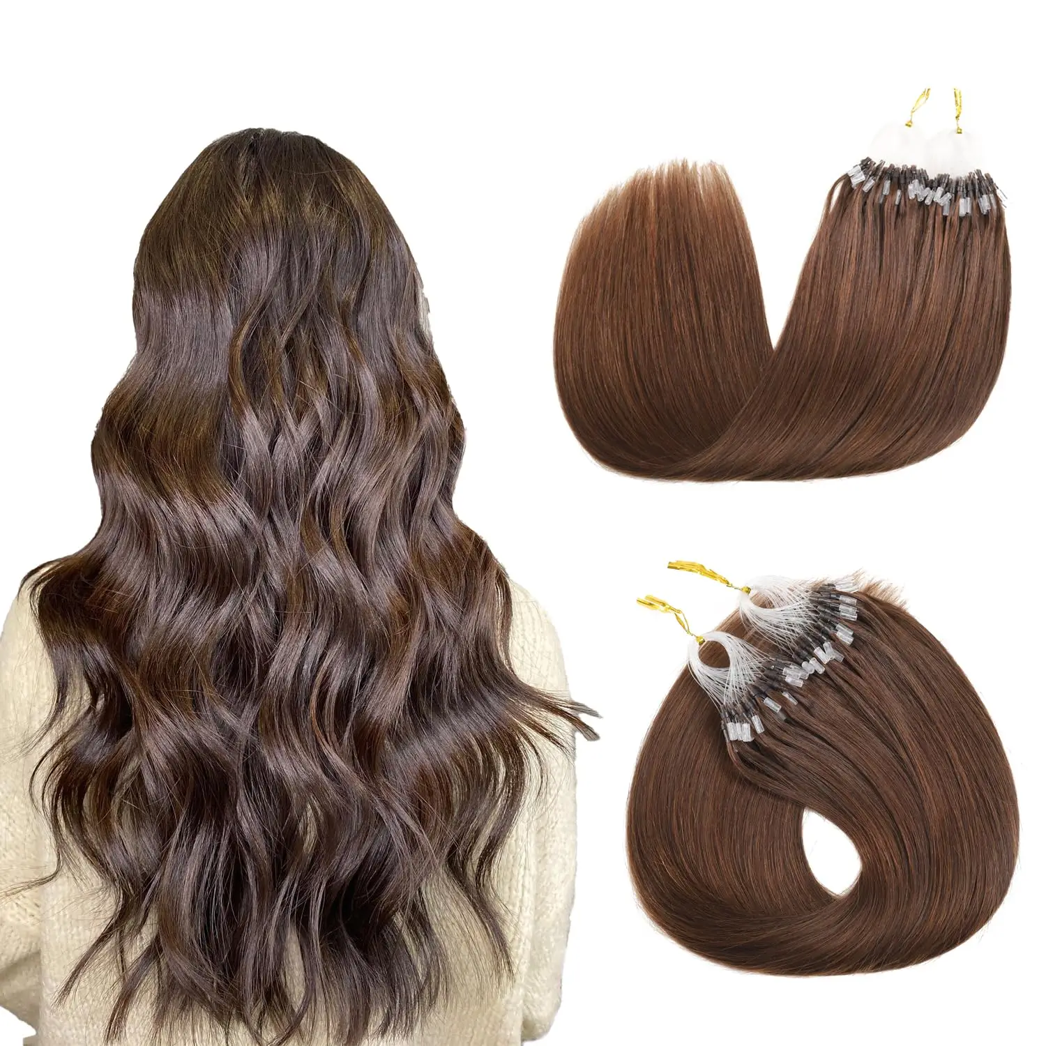 Fish Line Micro Loop Hair Extension Real Human Hair Straight Soft and Silky Micro Ring Loop Hair Medium Brown Color #4 For Women