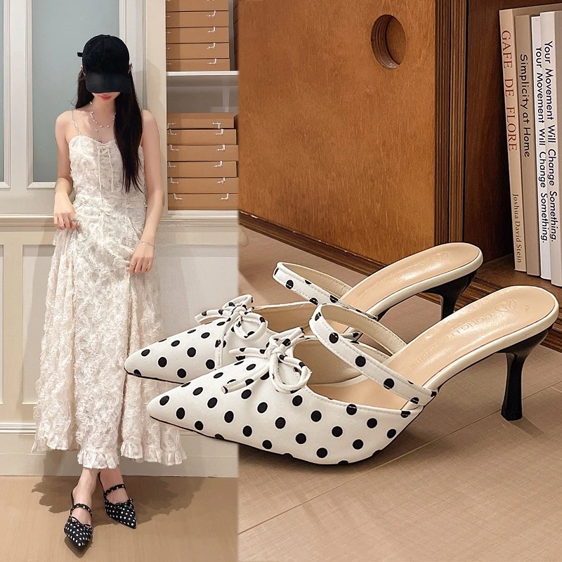 

Женские туфли-мюли с острым носком на высоком каблуке, летние, в горошек, с бантом-бабочкой, элегантные, для вечеринок, сандалии