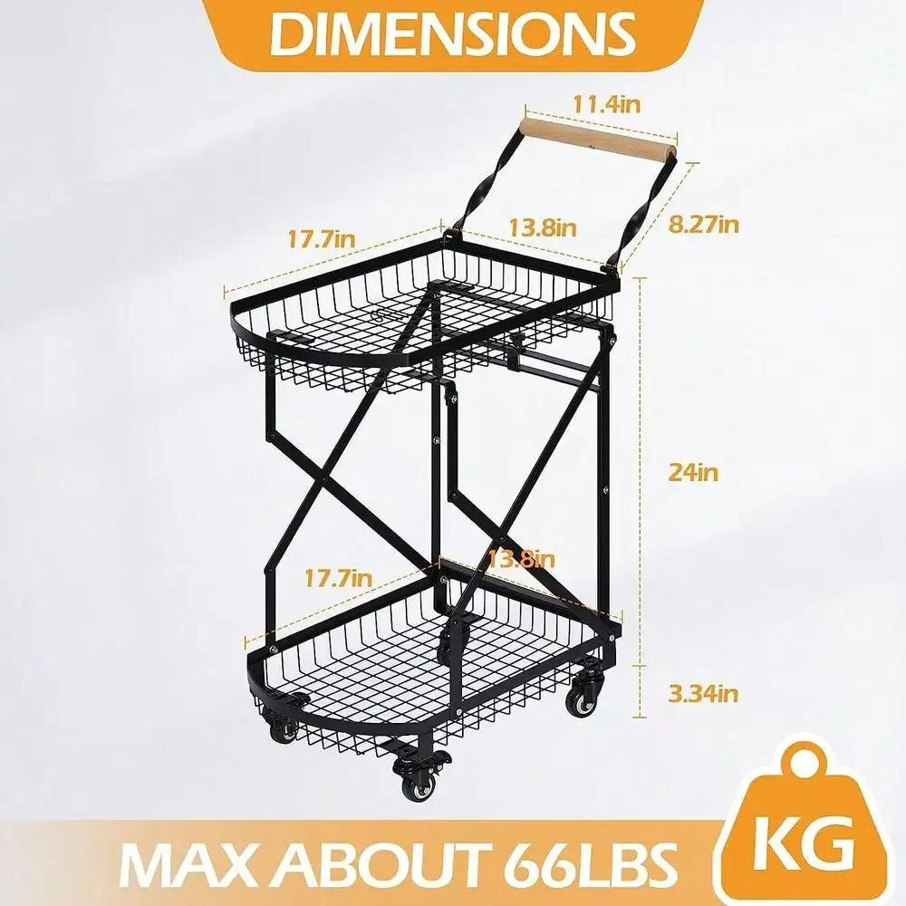 2-Tier Metal Mobile Folding Trolley Shopping Cart, with Wooden Handle, Wheels