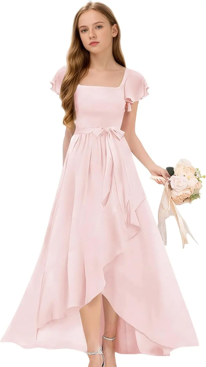 Младшие платья подружки невесты для девочек-подростков, шифоновое платье с короткими рукавами для девочек с цветочным узором, пышные платья для свадебной вечеринки, платье для девочек