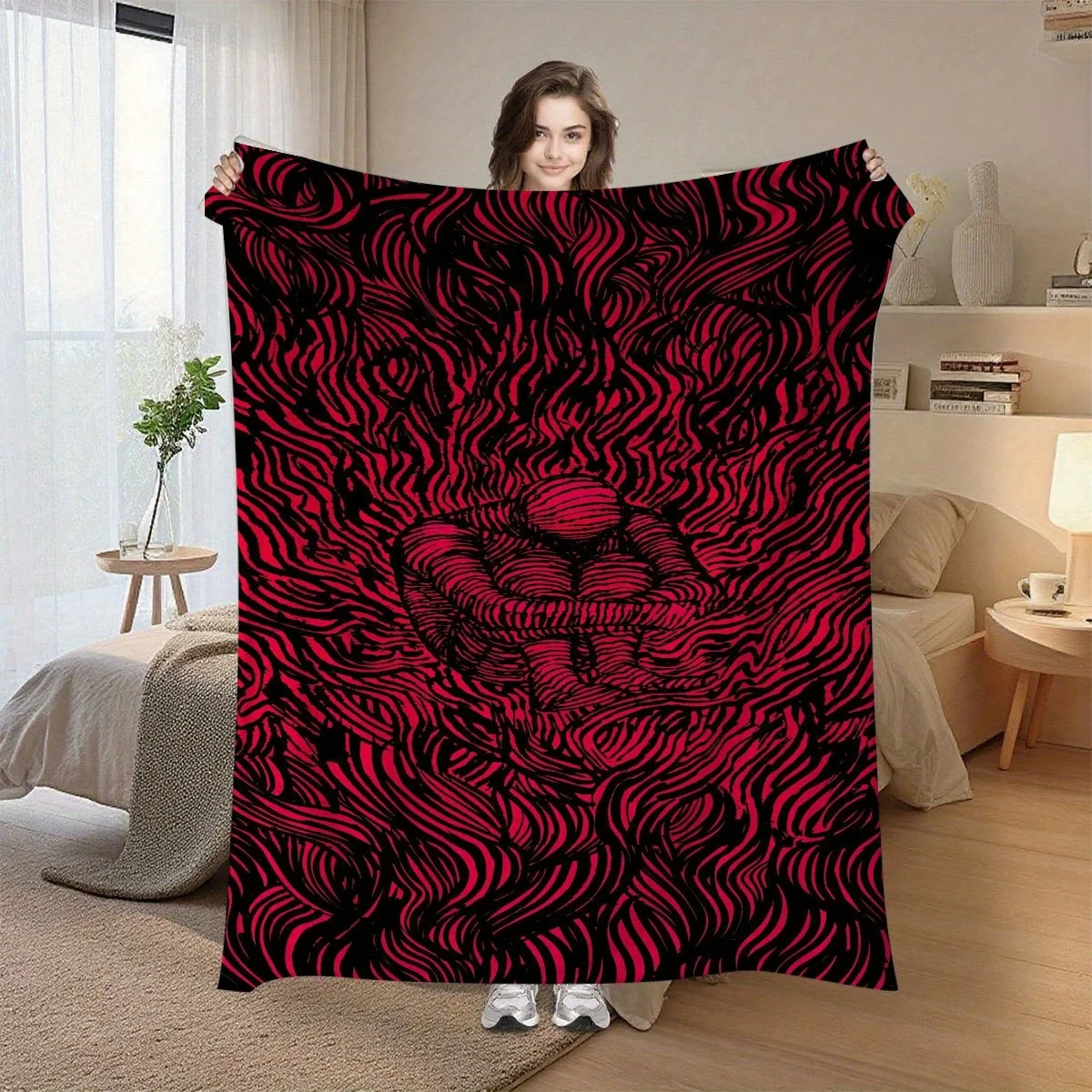 Red and Black Abstract Line Human Figure Pattern Flannel Blanket, Shed-Resistant, Suitable for All Seasons. Whether laid on a be