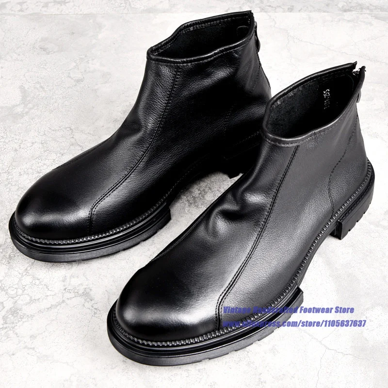 Black Leather Back Zipper Men's Boots Mid-Top Thick-Soled Soft Leather Soft Sole Booties Vintage Handcrafted Men's Shoes