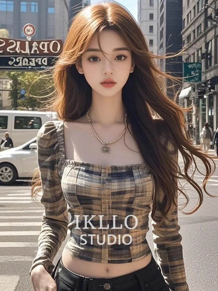 Schlankmachendes ort-Sle Retro Square-Ne Plaid irt Damen Herbst Faionable Base irt Atmungsaktives Feuchtigkeits-ng-T-Shirt