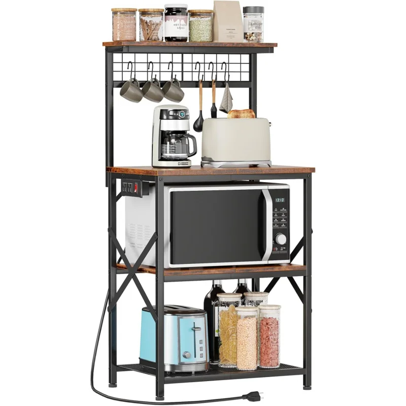 

Kitchen Bakers Rack with Power Outlet, Microwave Oven Stand with Storage 4 Tiers, Coffee Bar Table with 6 S Hooks, Kitchen Stora