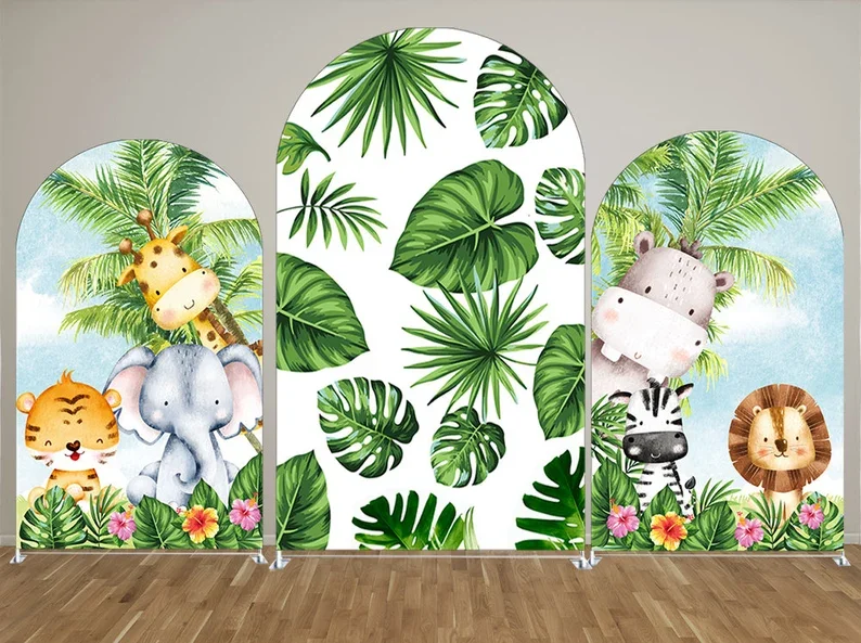 Mehofond Arch Backdrop Covers Jungle Safari Animals Boys Birthday Party Arched Wall Baby Shower Decorations 2-sided Background