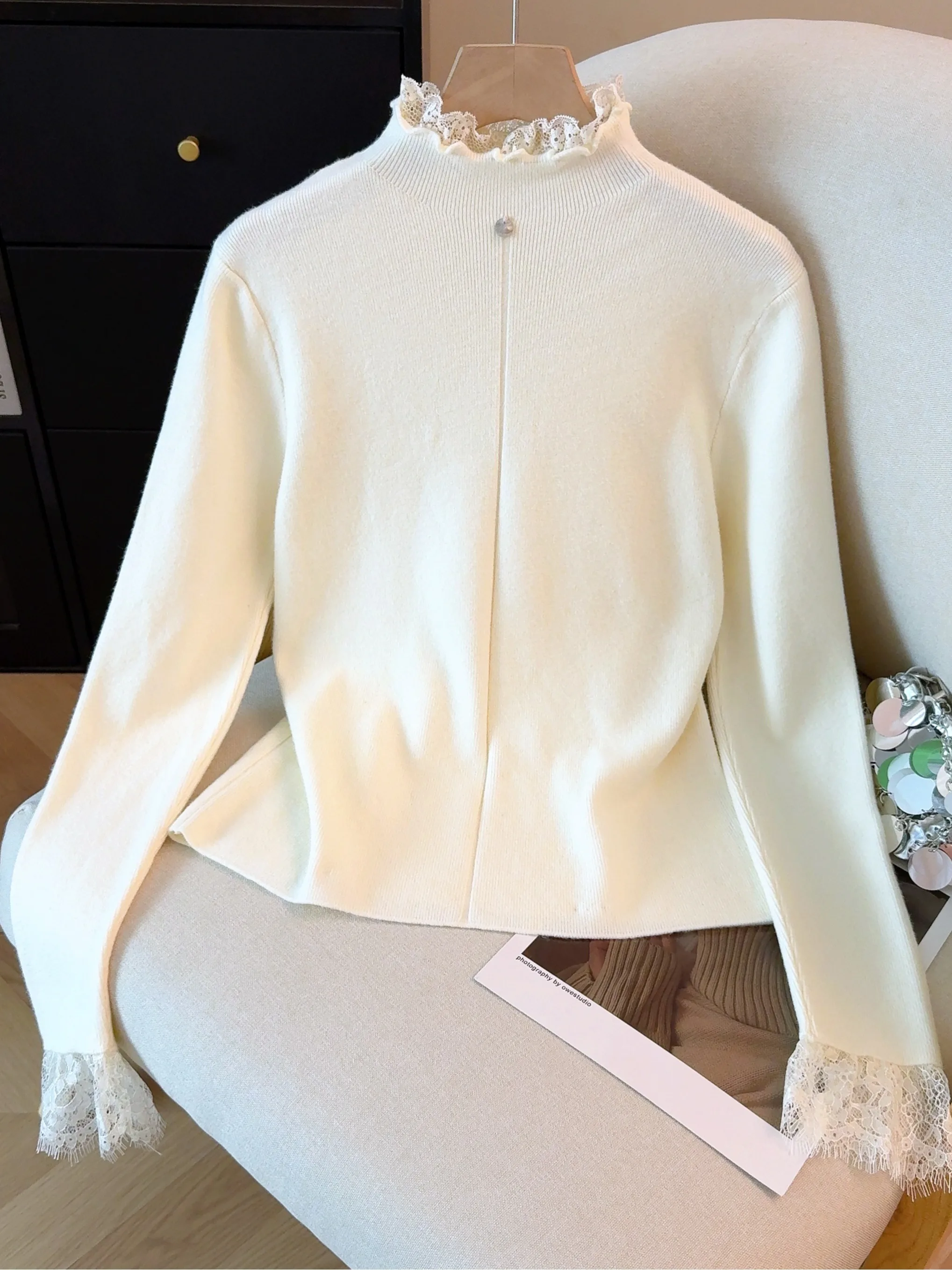 Thiened renda emenda base de malha irt feminino outono inverno roupa interna f gola alta auto-kee sle camisola quente