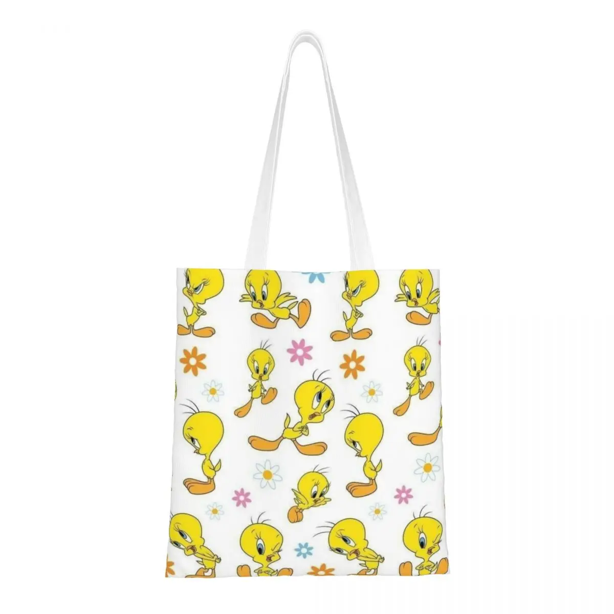 Custom Tweetys Cartoon Animation Yellow Bird Grocery Tote Shopping Bag Women Canvas Shoulder Shopper Bags Large Capacity Handbag