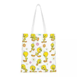 Custom Tweetys Cartoon Animation Yellow Bird Grocery Tote Shopping Bag Women Canvas Shoulder Shopper Bags Large Capacity Handbag