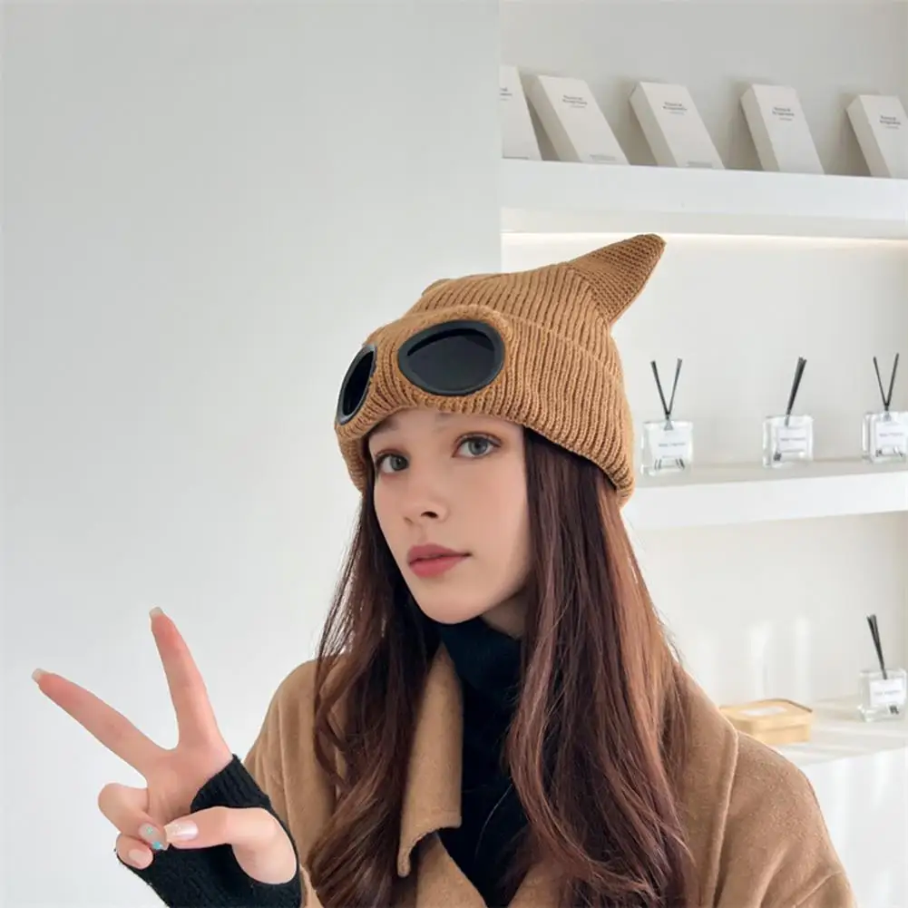 Cat Ear Hat Cute Kitty Head Winter Hat with Goggle Decor Ball Detail Windproof Demon Cap for Women Warm Anti-slip Headwear Cat