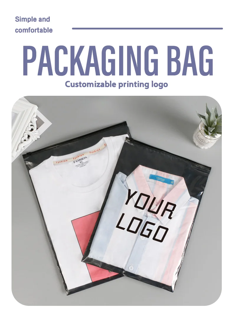 50 schwarze transparente Verpackungsbeutel für Herren- und Damenbekleidung mit Reißverschlusstaschen, die individuelle Logos unterstützen. – Detail 1