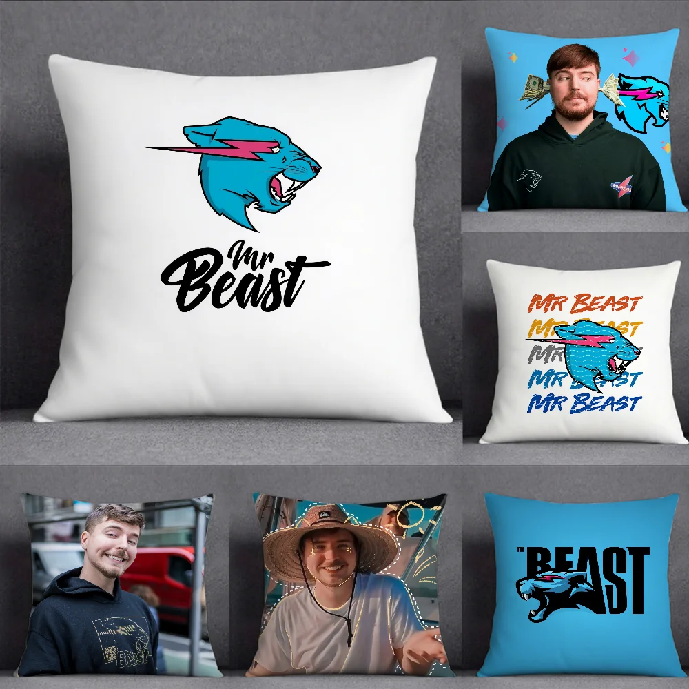 M-MrBeast M-Mr B-Beast funda de almohada cuadrada con estampado de doble cara funda de cojín de sofá de felpa corta almohada de dormitorio