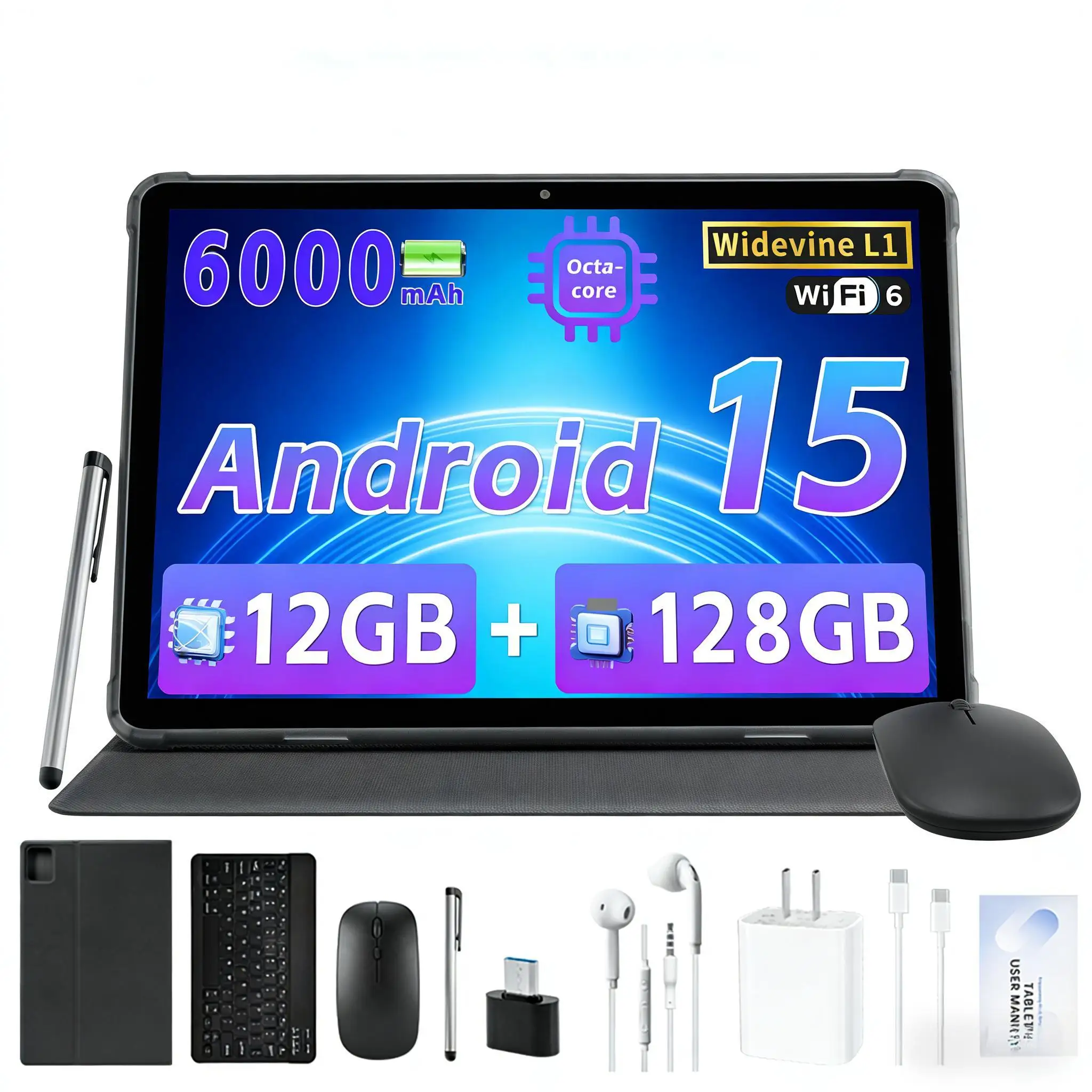 ANRY 10.1 Inch Android Tablet HD Display 12GB RAM 128GBROM 6000mAh Battery 5G WiFi Bluetooth Dual Camera for Study Entertainment