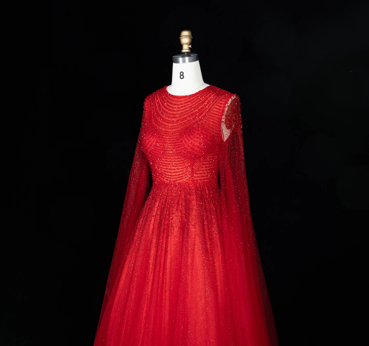Sharon Said Luxuriöses Braunes Abendkleid mit Rundhalsausschnitt, Langen Transparenten Cape-Ärmeln und Schwer Perlenbesetztem Dubai-Formal-Partykleid SS059 Maßanfertigung – Detail 6