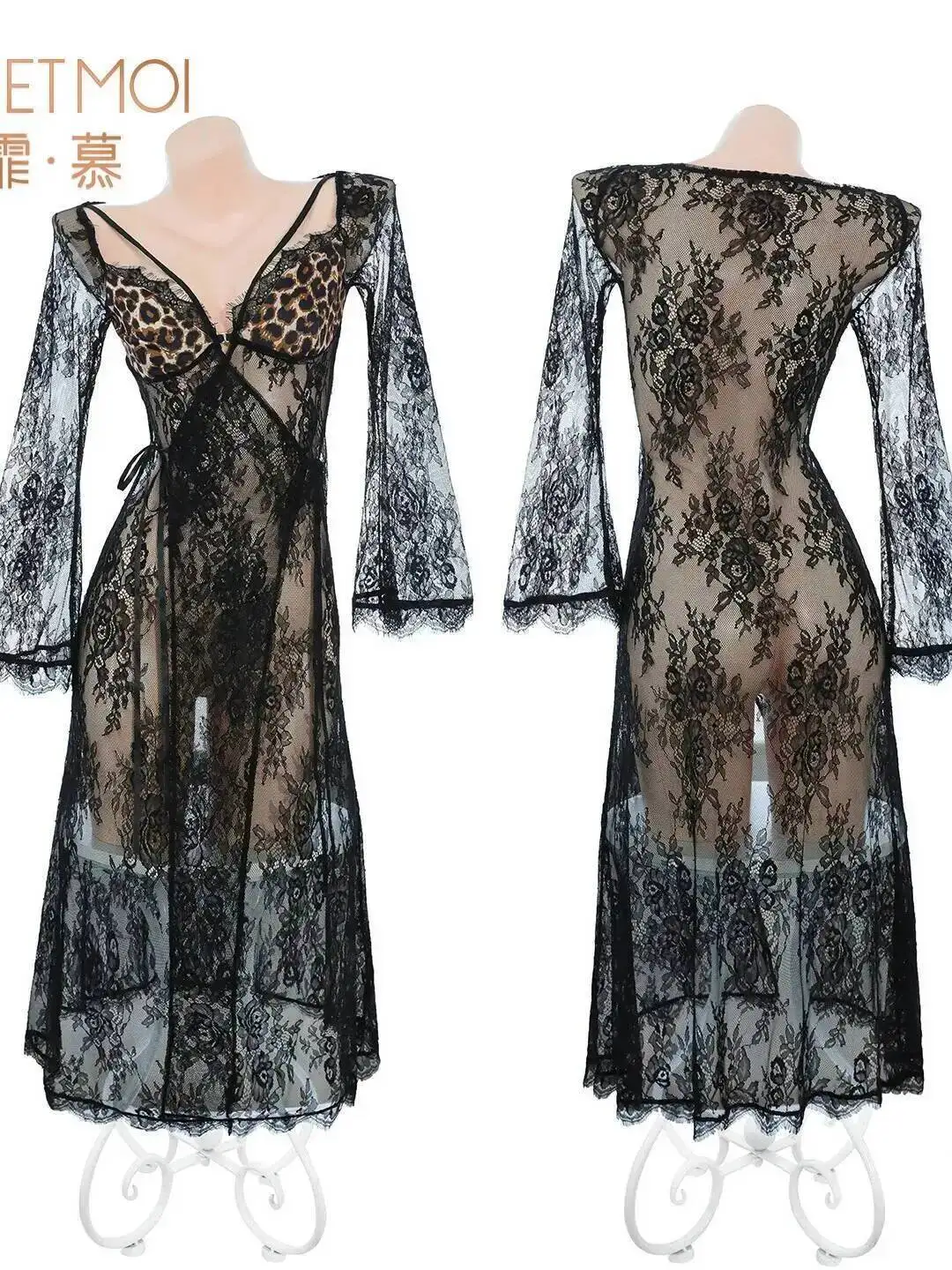 Vestido tentador de encaje romántico francés, elegante, Sexy, realista de la cadera, coqueteo, cuello en V, vestidos sexis calientes, Top transparente de encaje de malla 9W1B